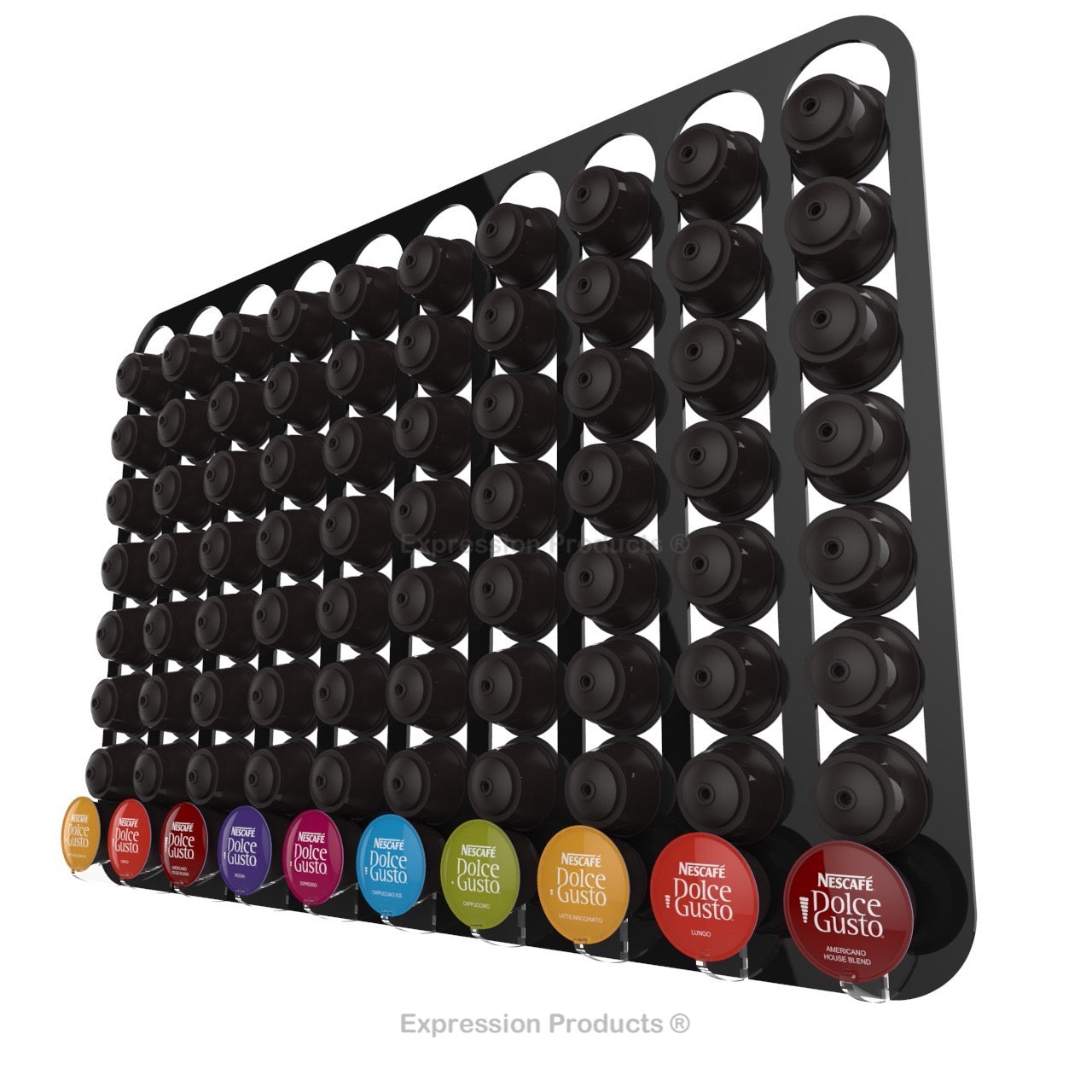 Dolce Gusto Coffee Pod Holder, Wall Mounted. Shown in Black Holding 80 Pods