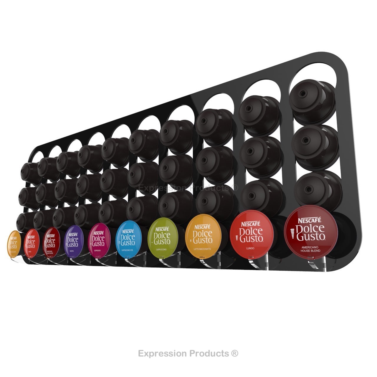 Dolce gusto coffee pod holder, wall mounted, half height. Shown in black holding 40 pods