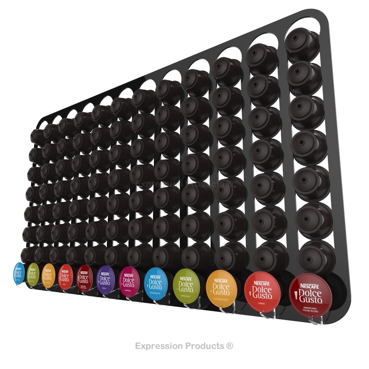 Dolce Gusto Coffee Pod Holder, Wall Mounted. Shown in Black Holding 96 Pods