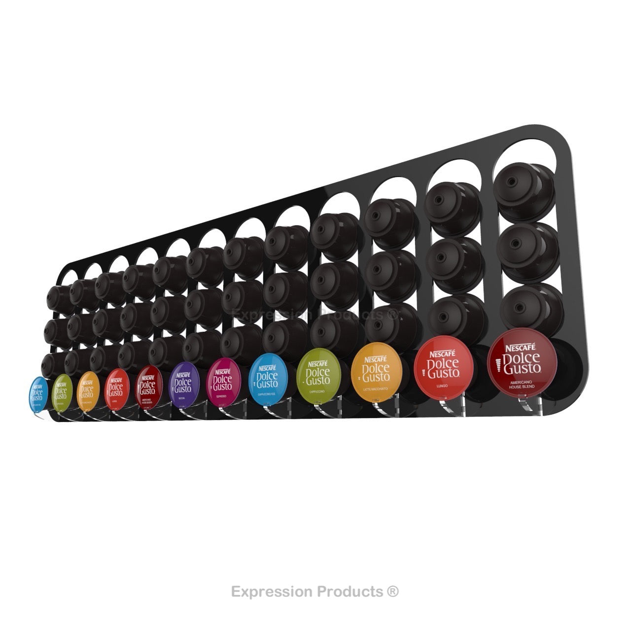 Dolce gusto coffee pod holder, wall mounted, half height. Shown in black holding 48 pods