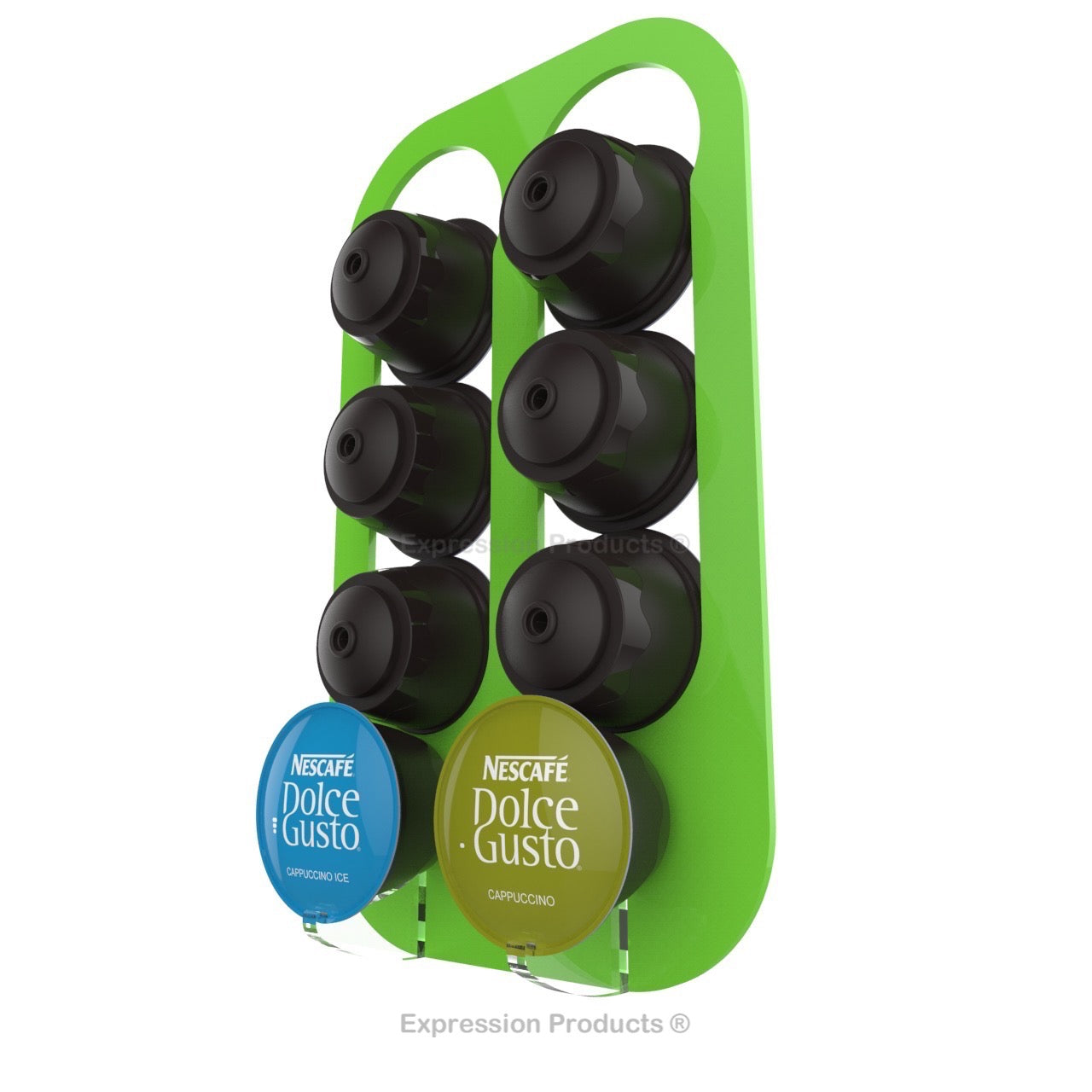 Dolce gusto coffee pod holder, wall mounted, half height. Shown in lime holding 8 pods