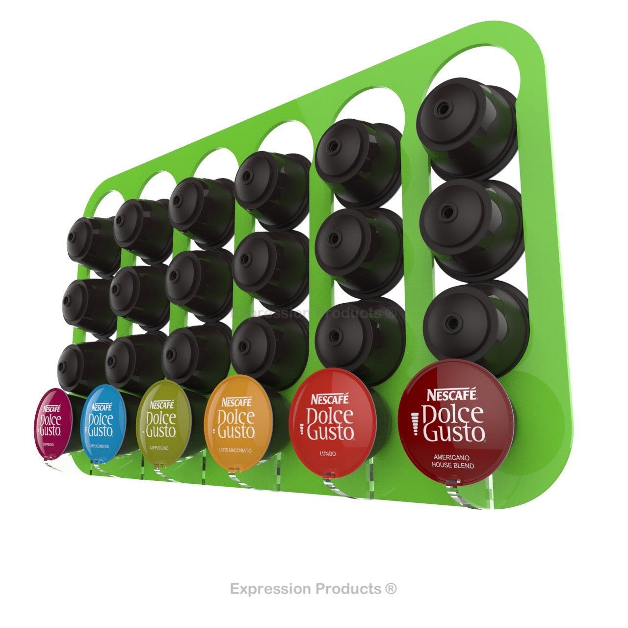 Dolce gusto coffee pod holder, wall mounted, half height. Shown in lime holding 24 pods