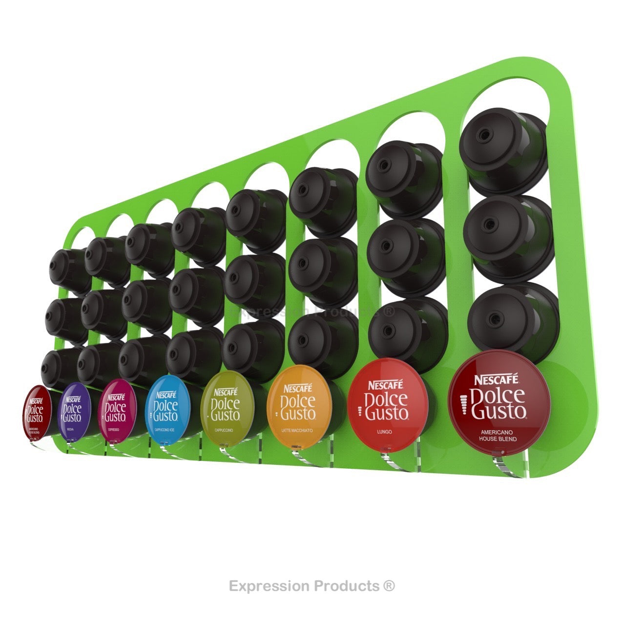 Dolce gusto coffee pod holder, wall mounted, half height. Shown in lime holding 32 pods