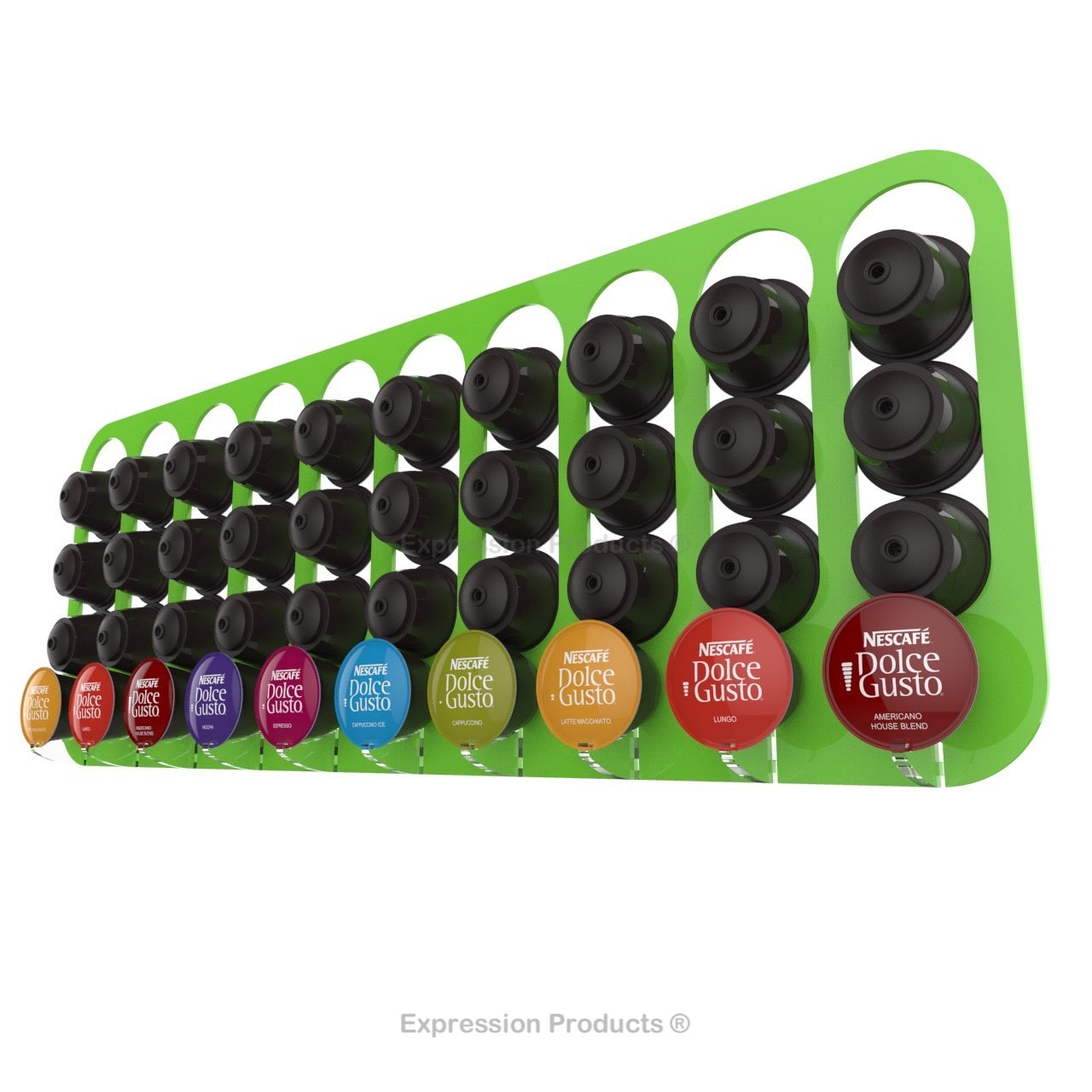 Dolce gusto coffee pod holder, wall mounted, half height. Shown in lime holding 40 pods