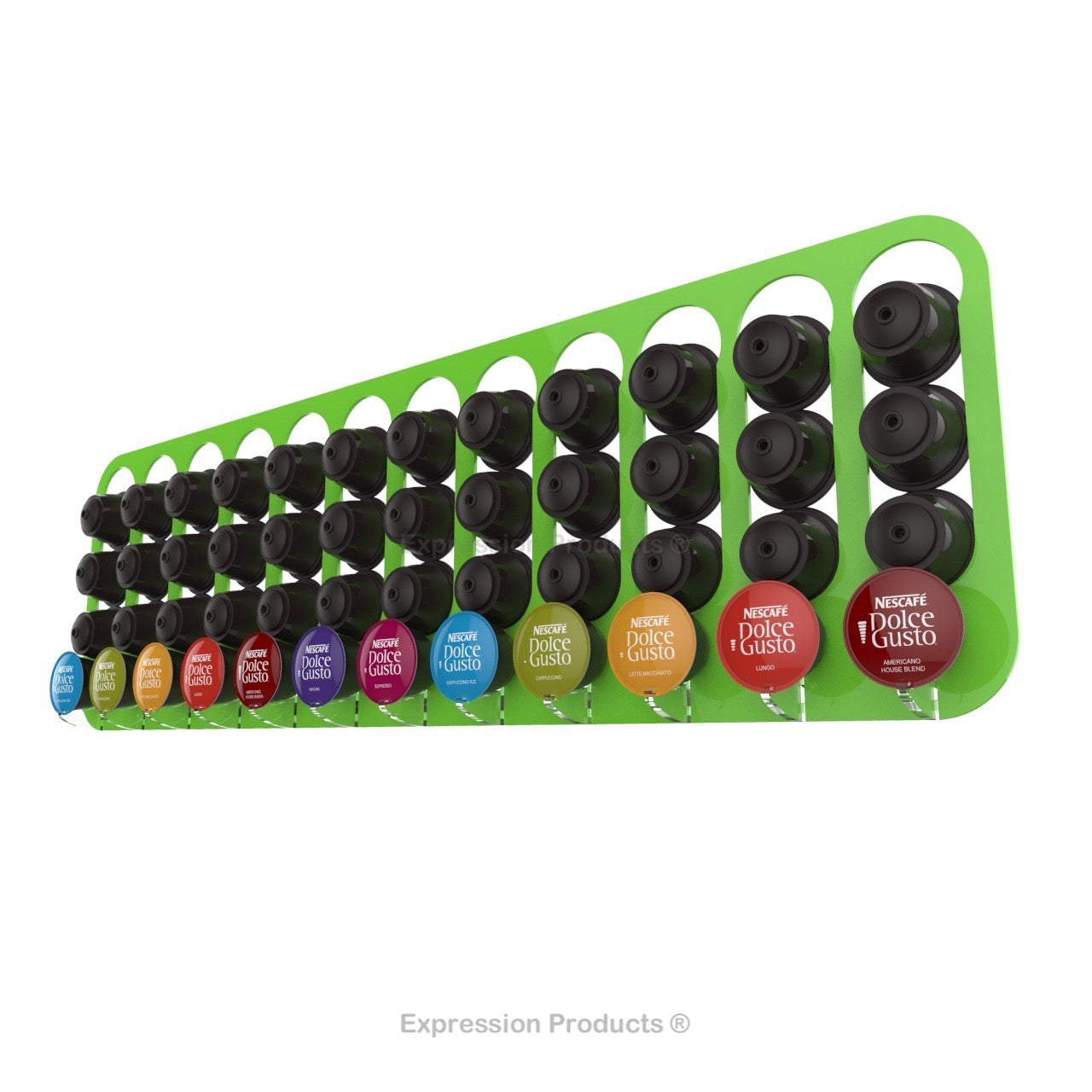 Dolce gusto coffee pod holder, wall mounted, half height. Shown in lime holding 48 pods