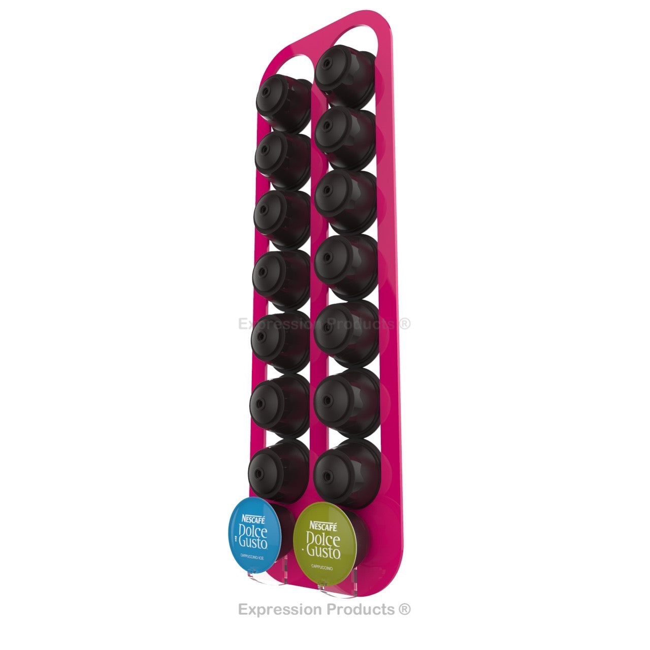 Dolce Gusto Coffee Pod Holder, Wall Mounted. Shown in Pink Holding 16 Pods