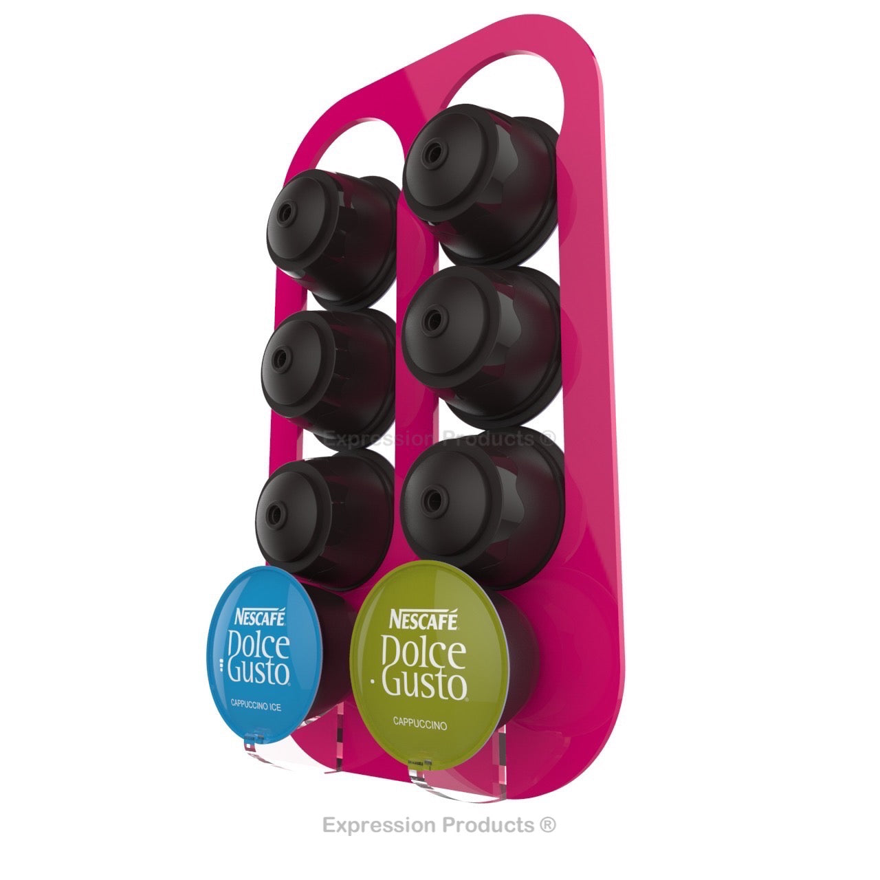 Dolce gusto coffee pod holder, wall mounted, half height. Shown in pink holding 8 pods