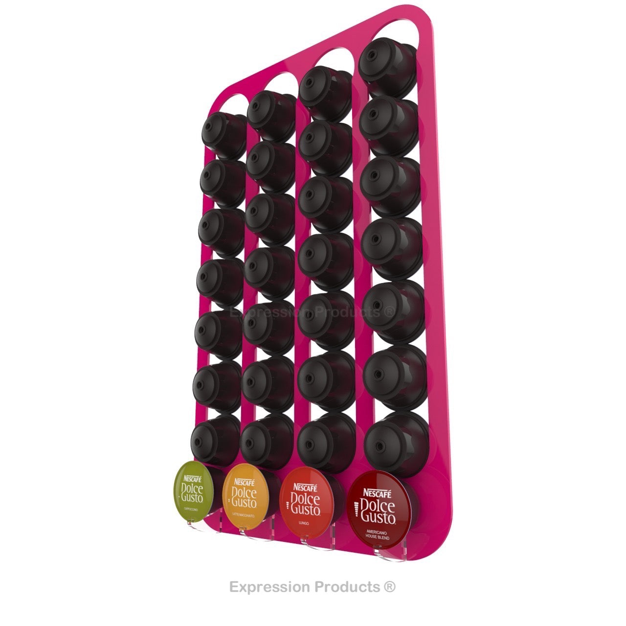Dolce Gusto Coffee Pod Holder, Wall Mounted. Shown in Pink Holding 32 Pods
