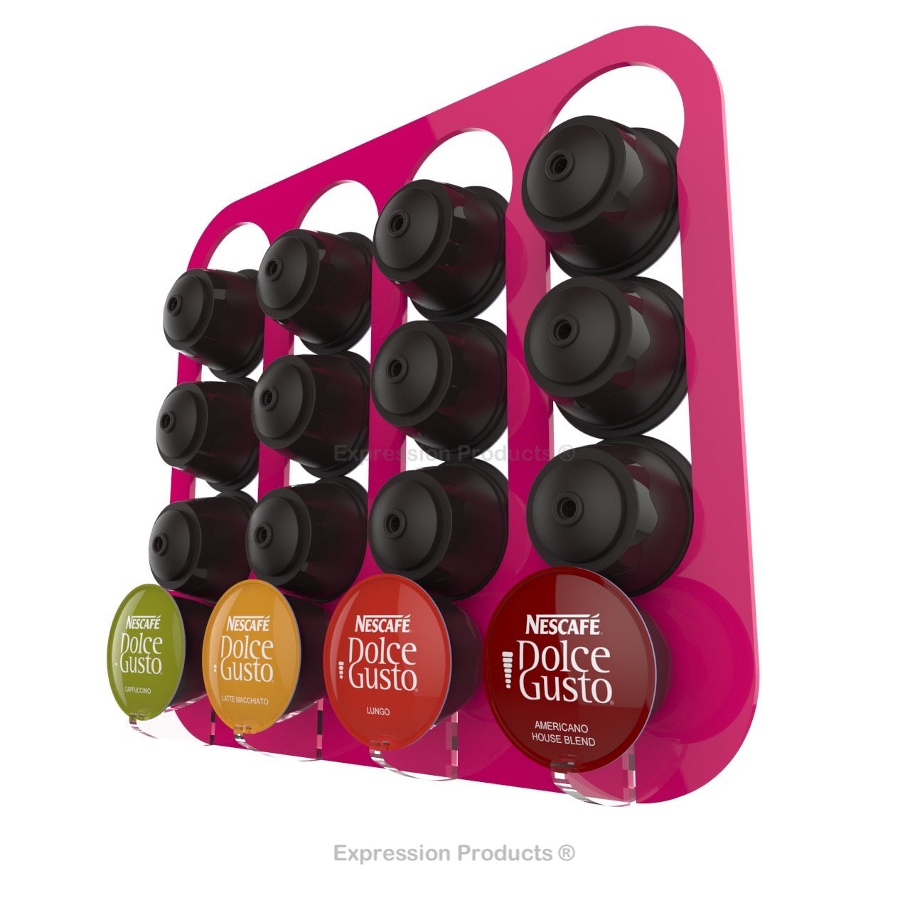 Dolce gusto coffee pod holder, wall mounted, half height. Shown in pink holding 16 pods