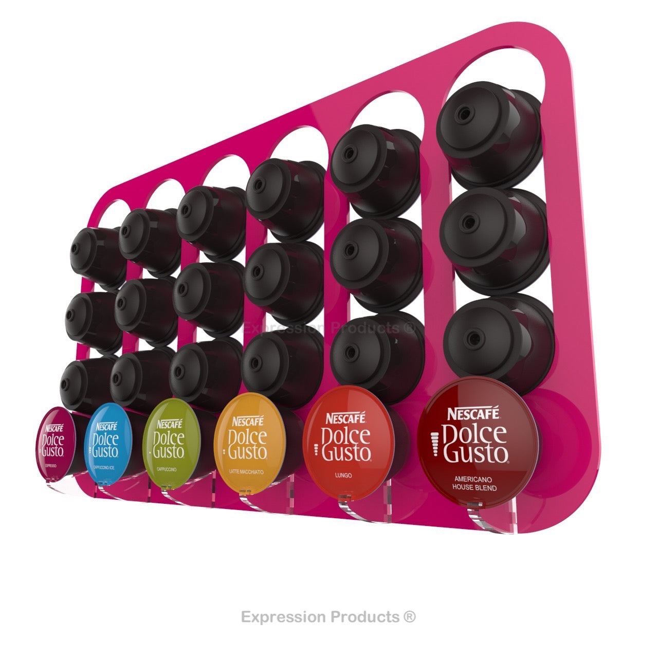 Dolce gusto coffee pod holder, wall mounted, half height.  Shown in pink holding 24 pods