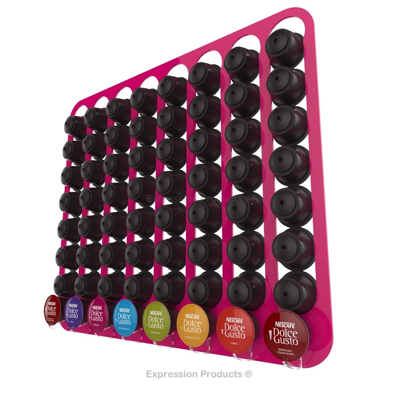 Dolce Gusto Coffee Pod Holder, Wall Mounted. Shown in Pink Holding 64 Pods