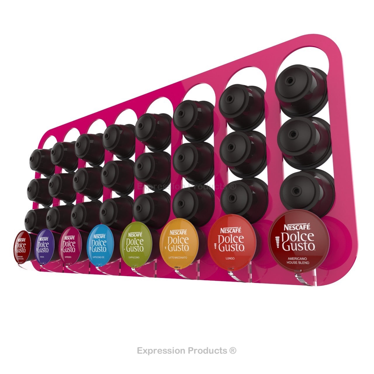 Dolce gusto coffee pod holder, wall mounted, half height. Shown in pink holding 32 pods