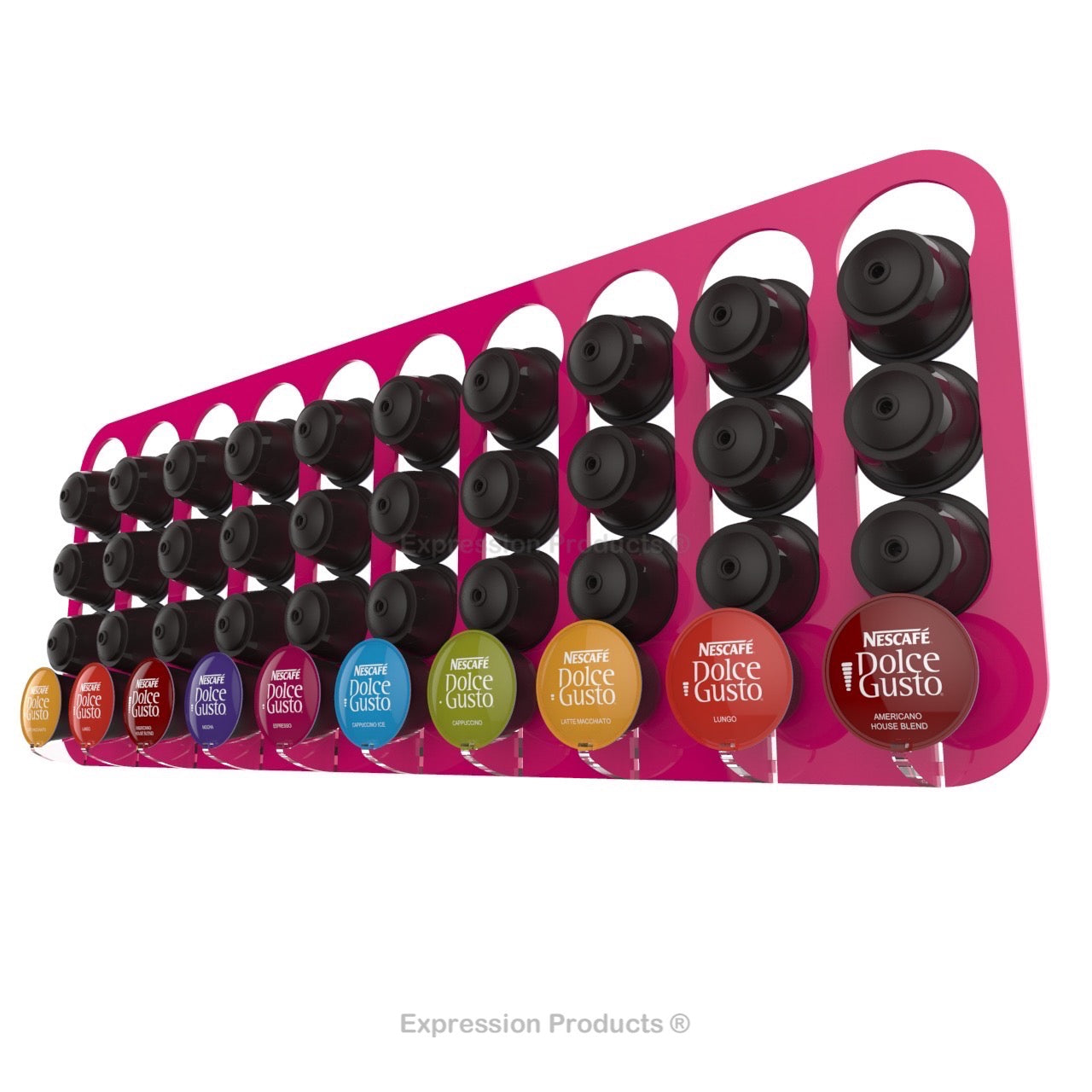 Dolce gusto coffee pod holder, wall mounted, half height. Shown in pink holding 40 pods
