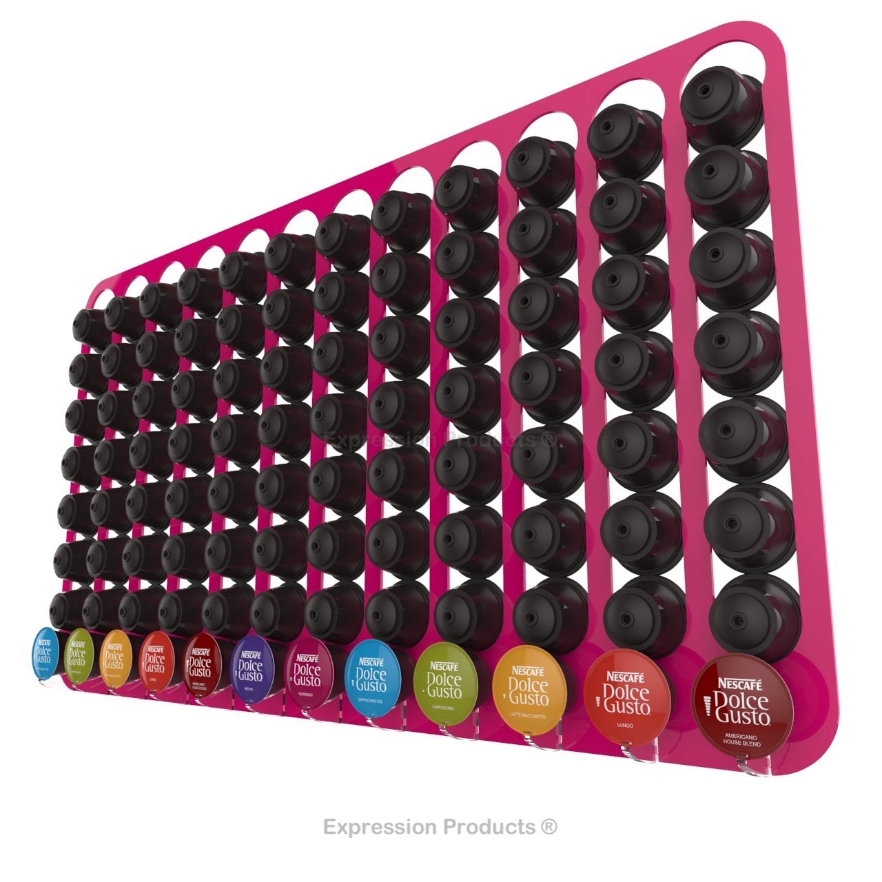 Dolce Gusto Coffee Pod Holder, Wall Mounted. Shown in Pink Holding 96 Pods