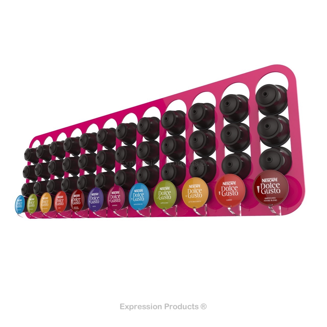 Dolce gusto coffee pod holder, wall mounted, half height. Shown in pink holding 48 pods