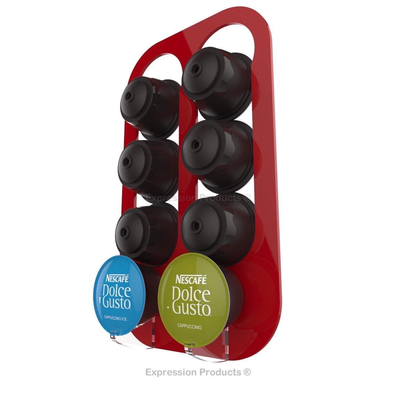 Dolce gusto coffee pod holder, wall mounted, half height. Shown in red holding 8 pods