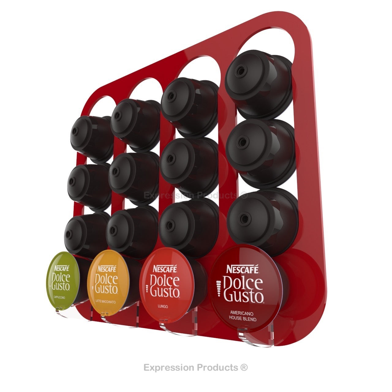 Dolce gusto coffee pod holder, wall mounted, half height. Shown in red holding 16 pods
