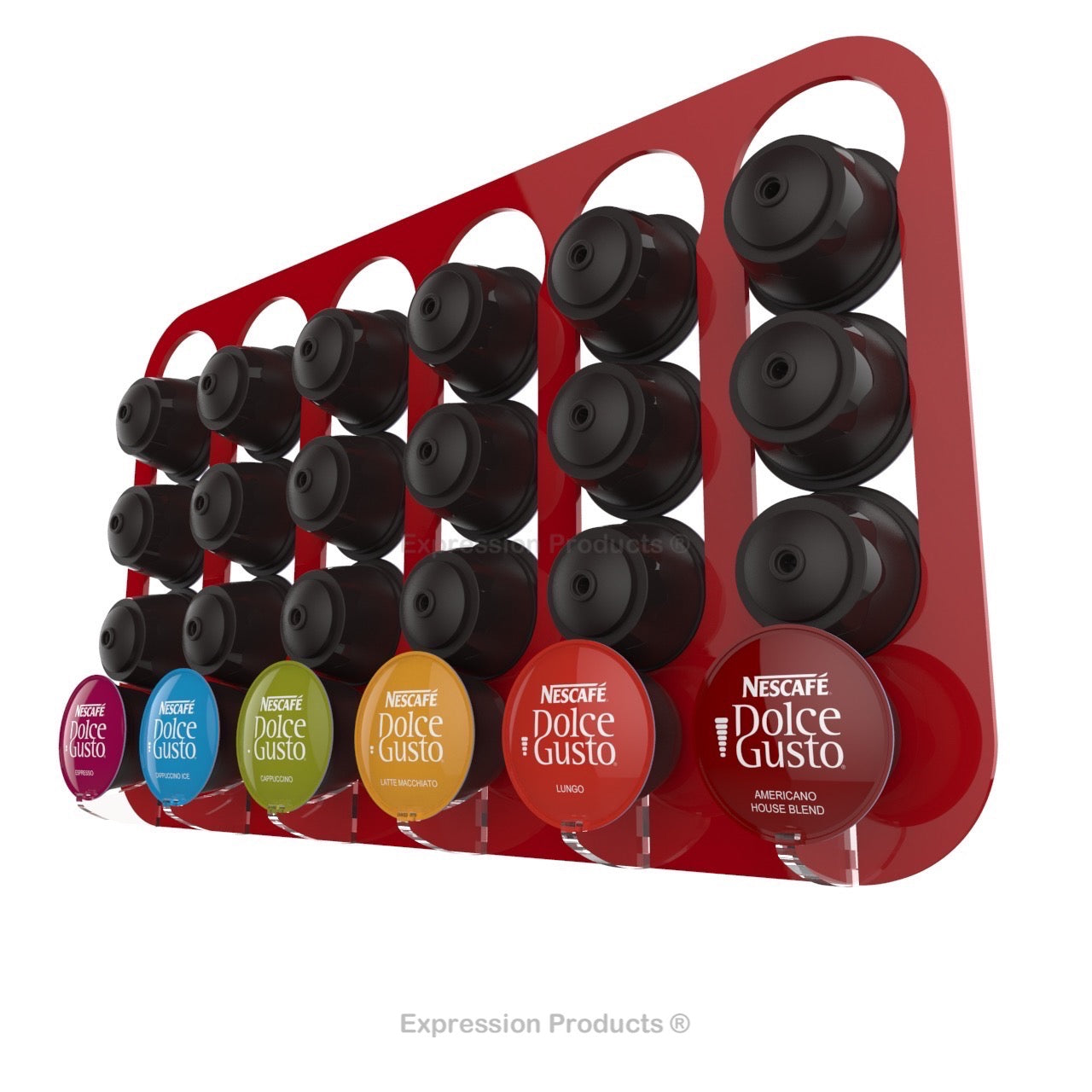 Dolce gusto coffee pod holder, wall mounted, half height. Shown in red holding 24 pods