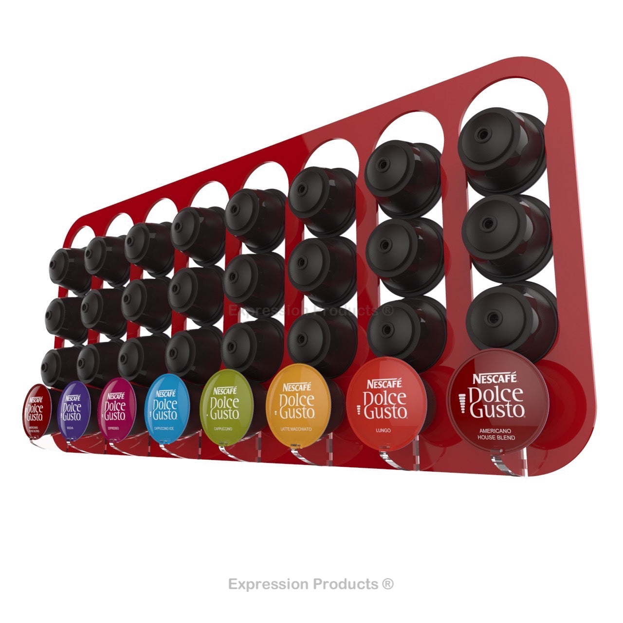 Dolce gusto coffee pod holder, wall mounted, half height. Shown in red holding 32 pods