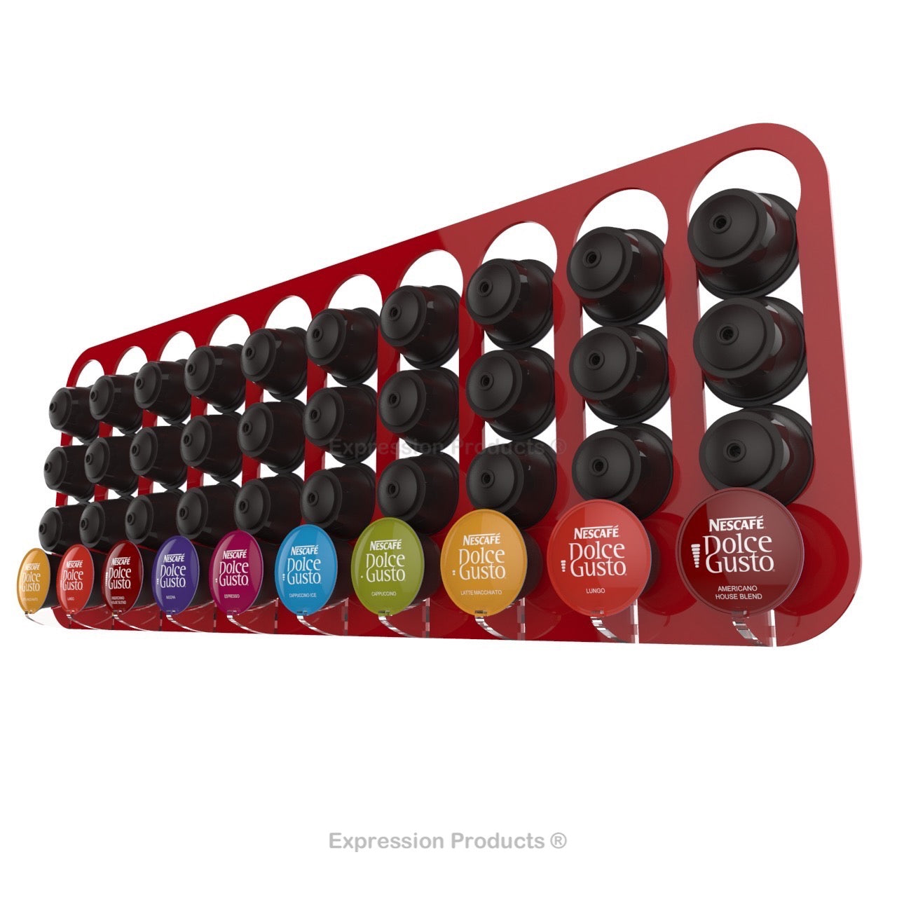 Dolce gusto coffee pod holder, wall mounted, half height. Shown in red holding 40 pods