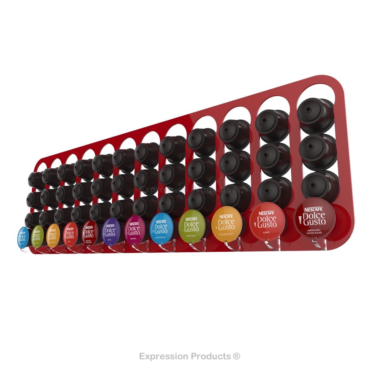 Dolce gusto coffee pod holder, wall mounted, half height. Shown in red holding 48 pods