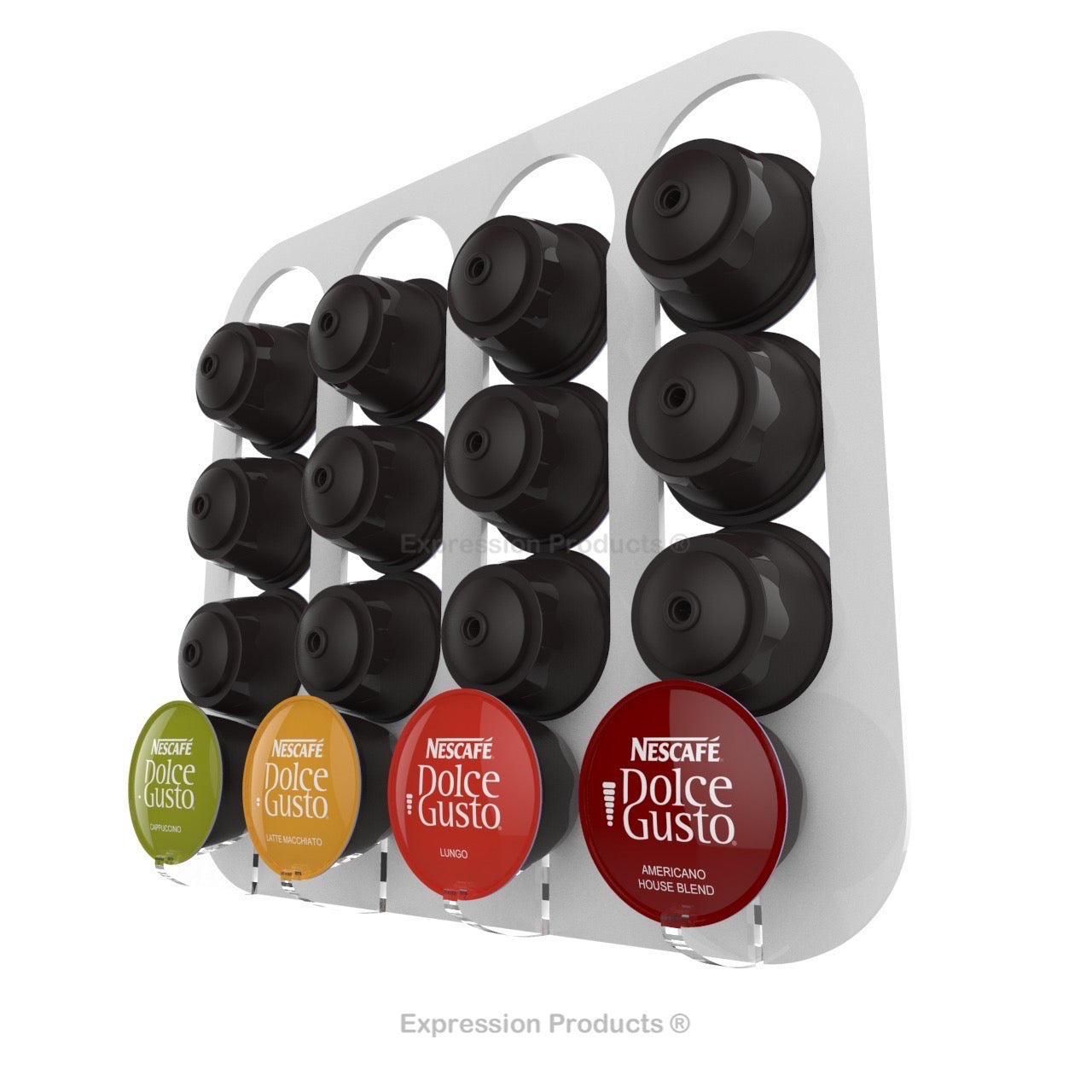 Dolce gusto coffee pod holder, wall mounted, half height. Shown in white holding 16 pods