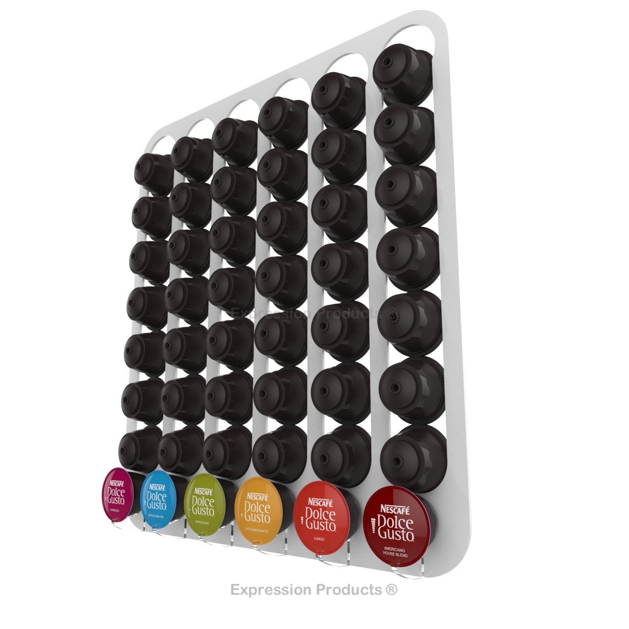 Dolce Gusto Coffee Pod Holder, Wall Mounted. Shown in White Holding 48 Pods