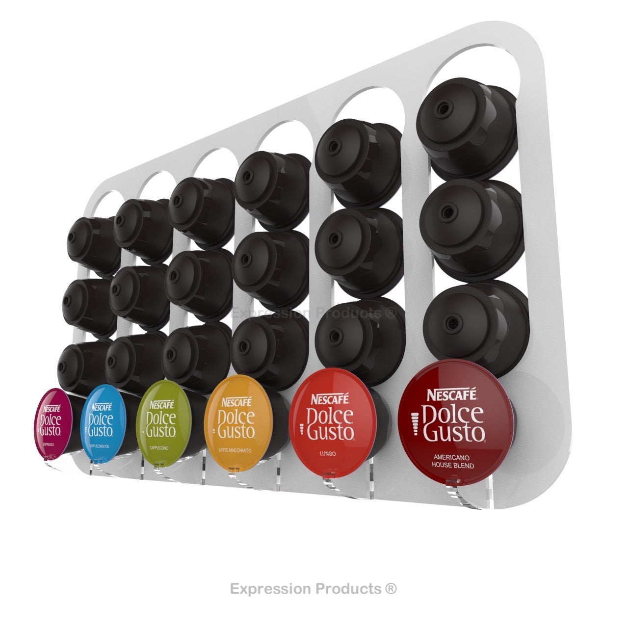 Dolce gusto coffee pod holder, wall mounted, half height. Shown in white holding 24 pods