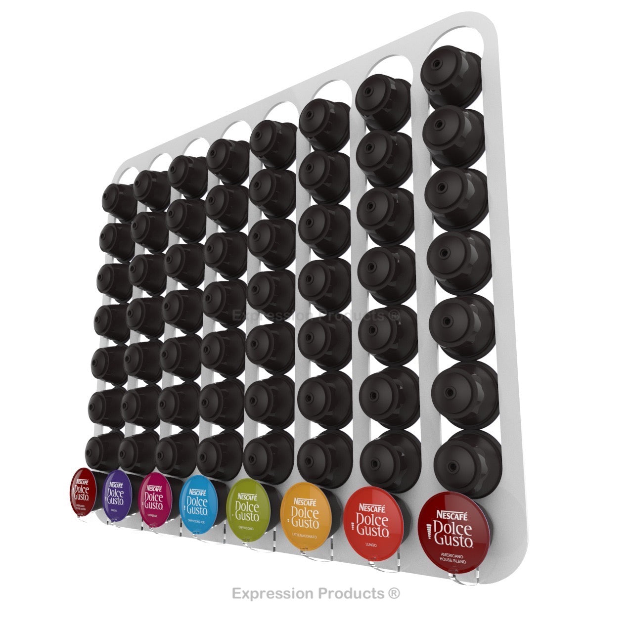 Dolce Gusto Coffee Pod Holder, Wall Mounted. Shown in White Holding 64 Pods