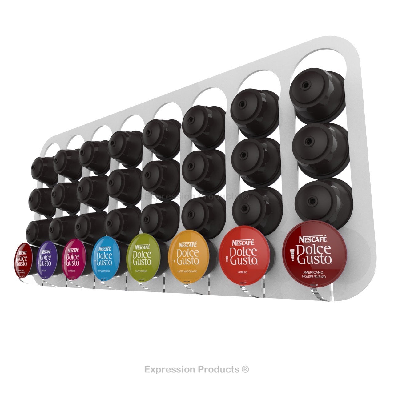 Dolce gusto coffee pod holder, wall mounted, half height. Shown in white holding 32 pods