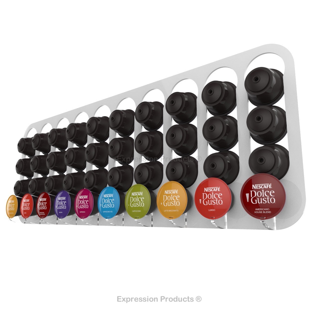 Dolce gusto coffee pod holder, wall mounted, half height. Shown in white holding 40 pods