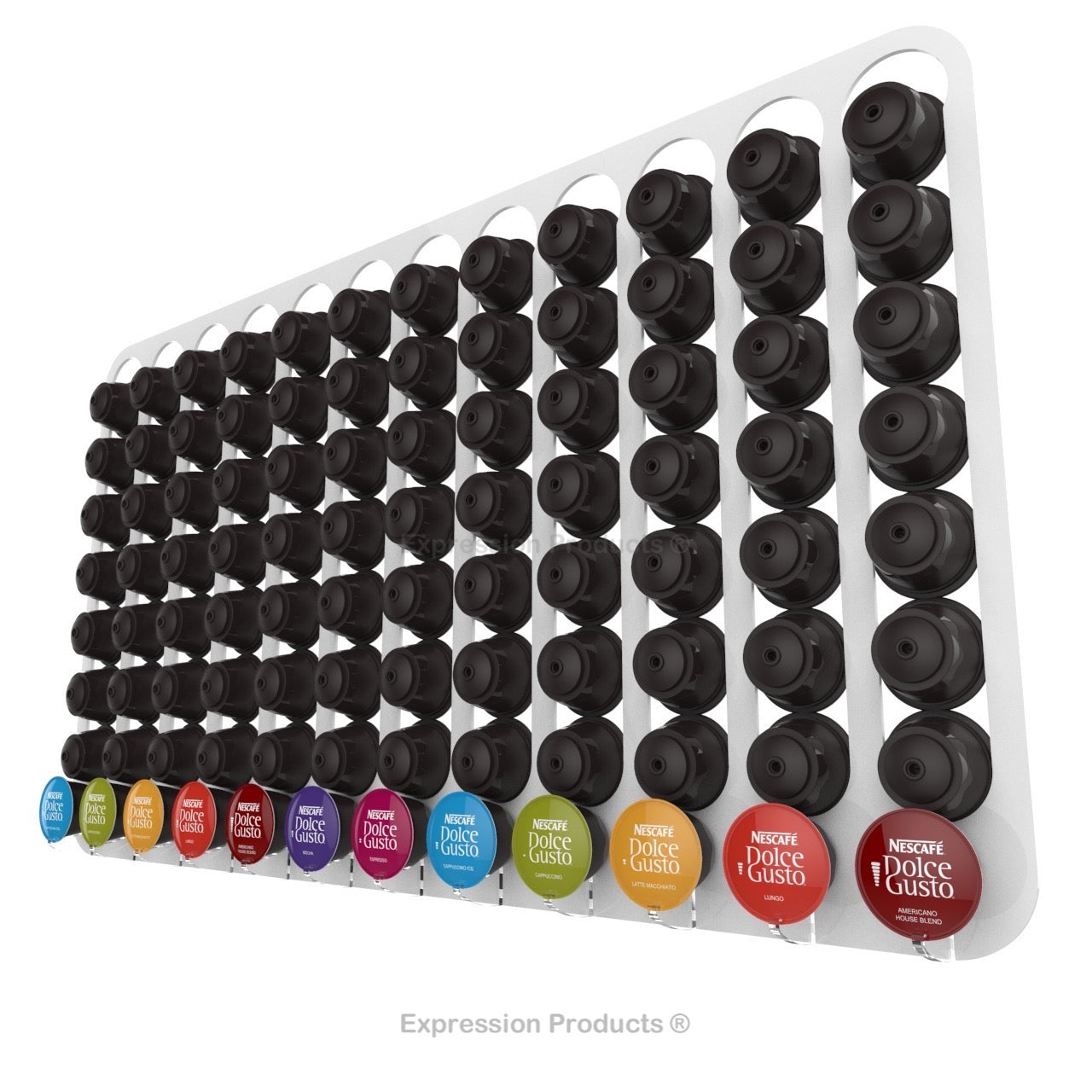 Dolce Gusto Coffee Pod Holder, Wall Mounted. Shown in White Holding 96 Pods