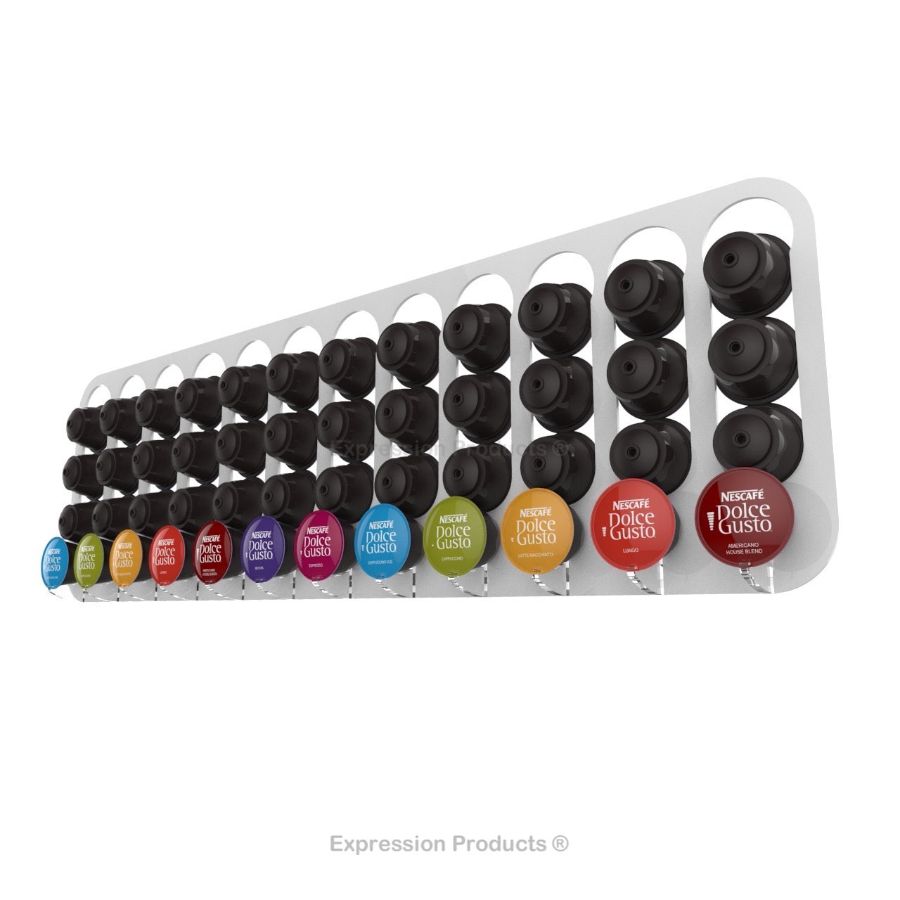 Dolce gusto coffee pod holder, wall mounted, half height. Shown in white holding 48 pods