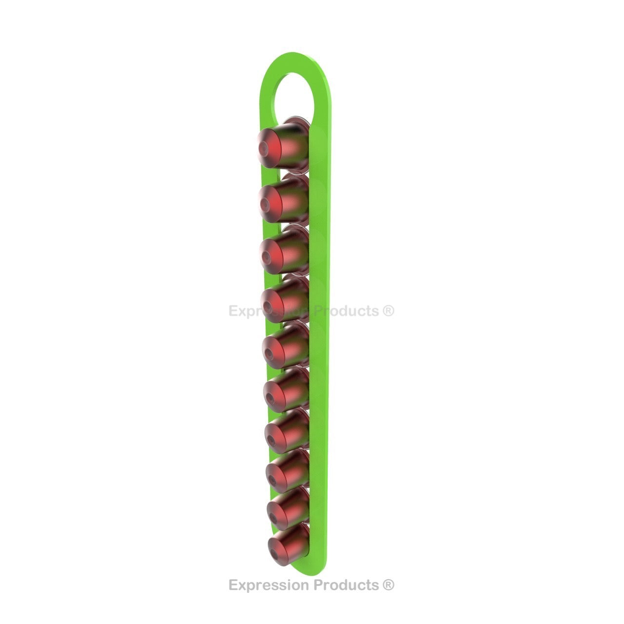 Magnetic Nespresso Original Line coffee pod holder shown in lime holding 10 pods