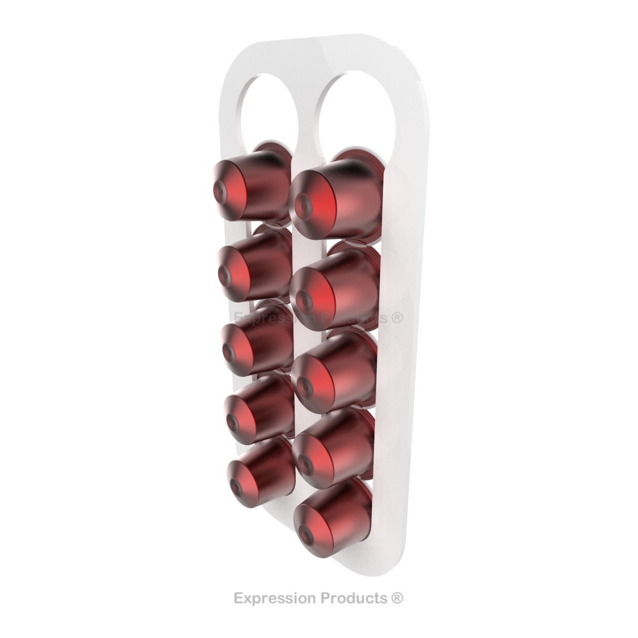 Magnetic Nespresso Original Line coffee pod holder shown in white holding 10 pods