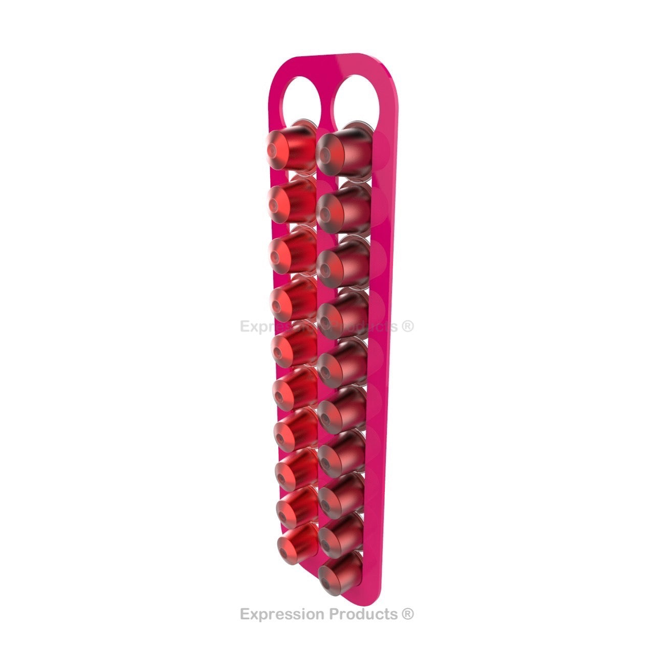 Magnetic Nespresso Original Line coffee pod holder shown in pink holding 20 pods