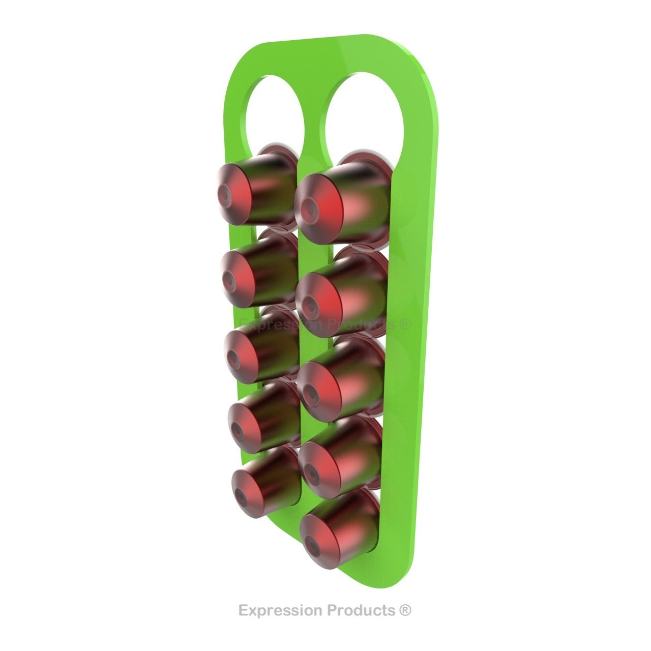 Magnetic Nespresso Original Line coffee pod holder shown in lime holding 10 pods