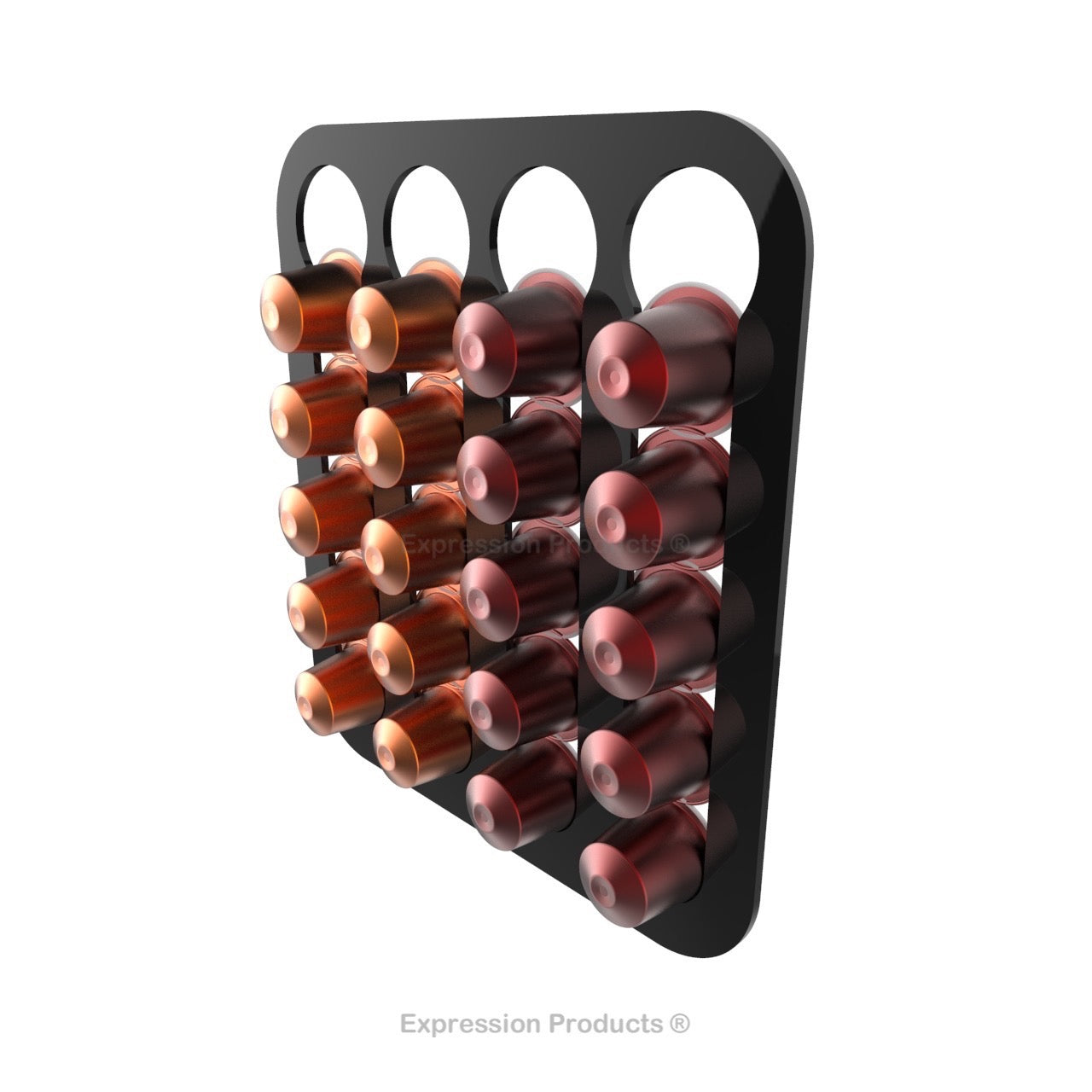 Magnetic Nespresso Original Line coffee pod holder shown in black holding 20 pods