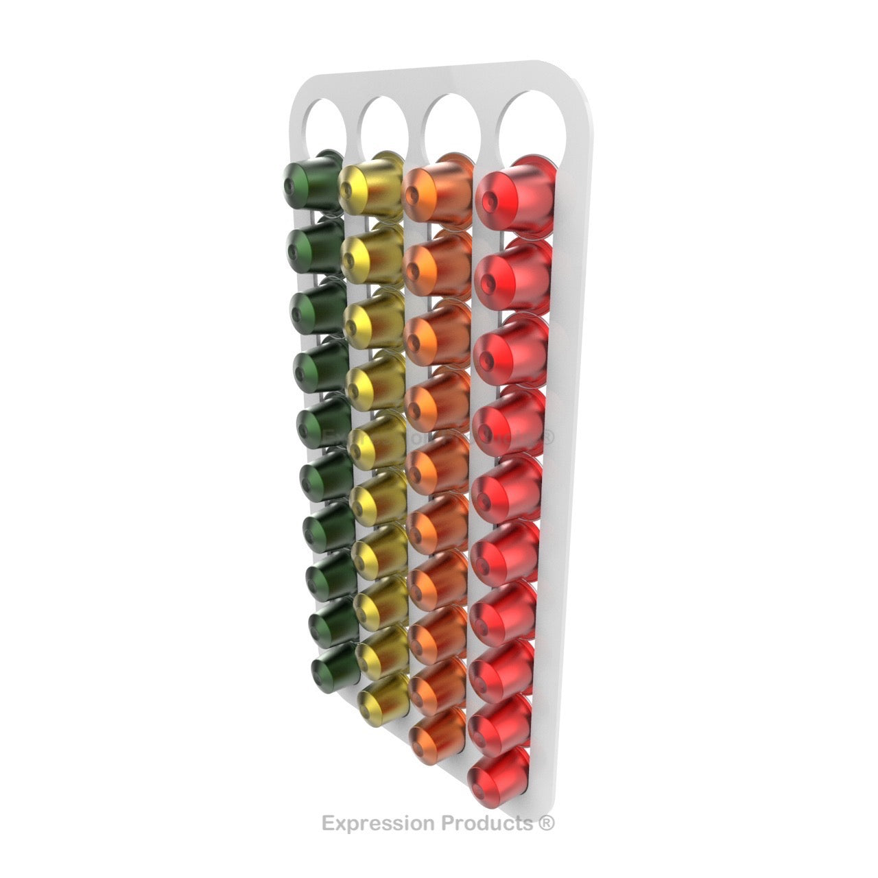 Magnetic Nespresso Original Line coffee pod holder shown in white holding 40 pods