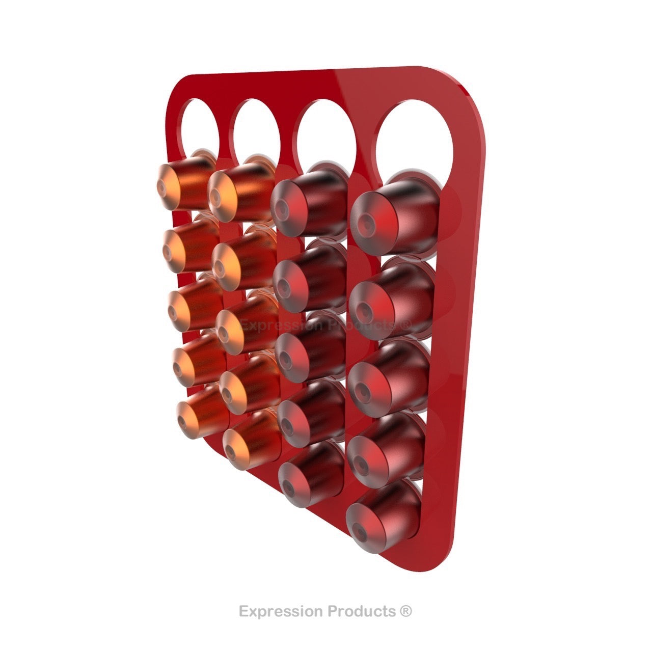 Magnetic Nespresso Original Line coffee pod holder shown in red holding 20 pods