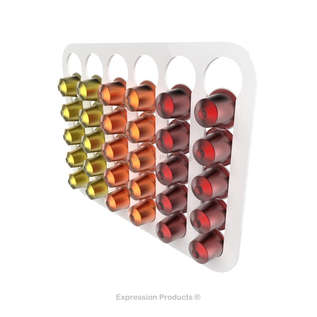 Magnetic Nespresso Original Line coffee pod holder shown in white holding 30 pods