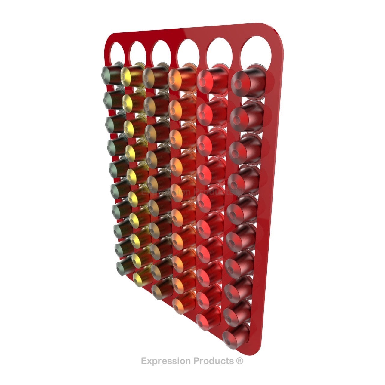 Magnetic Nespresso Original Line coffee pod holder shown in red holding 60 pods