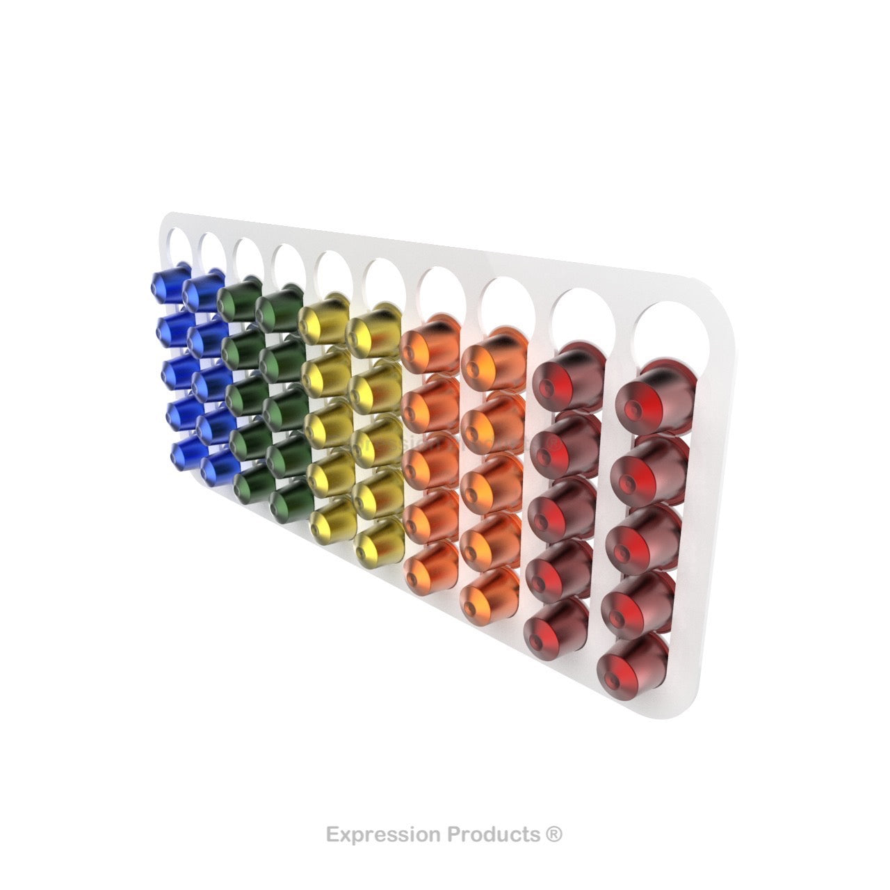 Magnetic Nespresso Original Line coffee pod holder shown in white holding 50 pods