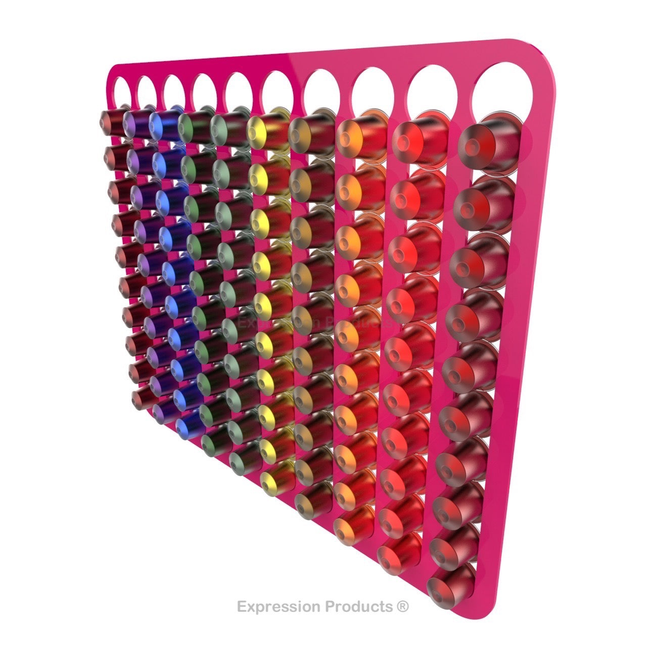 Magnetic Nespresso Original Line coffee pod holder shown in pink holding 100 pods