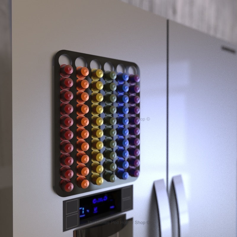 Magnetic Nespresso Original Line coffee pod holder shown in black on fridge door