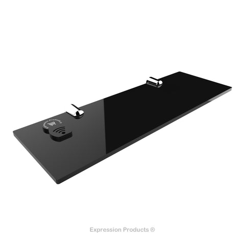 Wall Mounted Acrylic Shelf In Black, Shown With Two Chrome Brackets