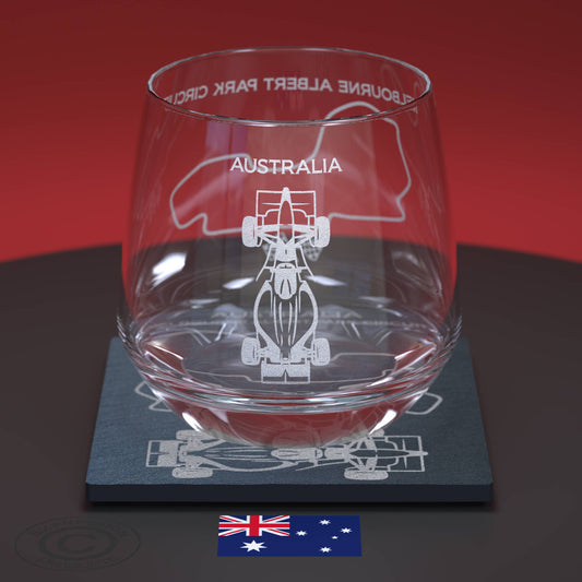 Abu Dhabi Circuit F1 Engraved Whiskey Tumbler Glass And Slate Coaster Set, Formula One Grand Prix Glass & Natural Coaster, Glass, Bar Mat