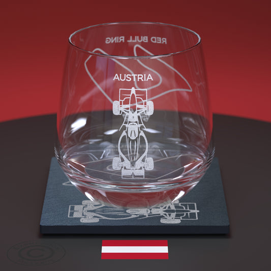Austrian Grand Prix F1 Engraved Whiskey Tumbler Glass And Slate Coaster Set, Red Bull Ring Circuit Glass & Natural Coaster, Glass, Bar Mat