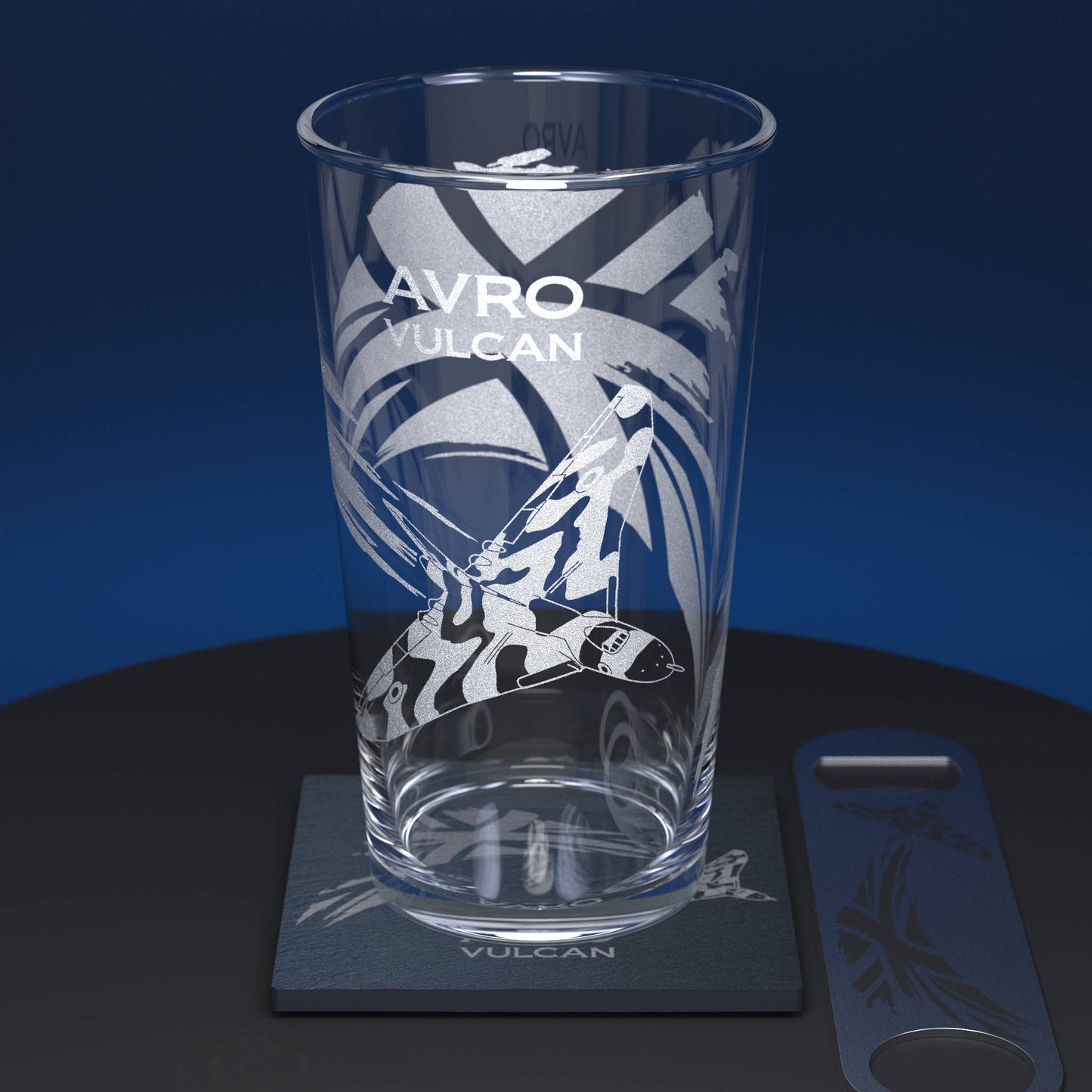 Avro Vulcan Bomber with UK Union Jack Flag Engraved Pint Glass Set including Pint Glass, Slate Coaster and Steel Bottle Opener