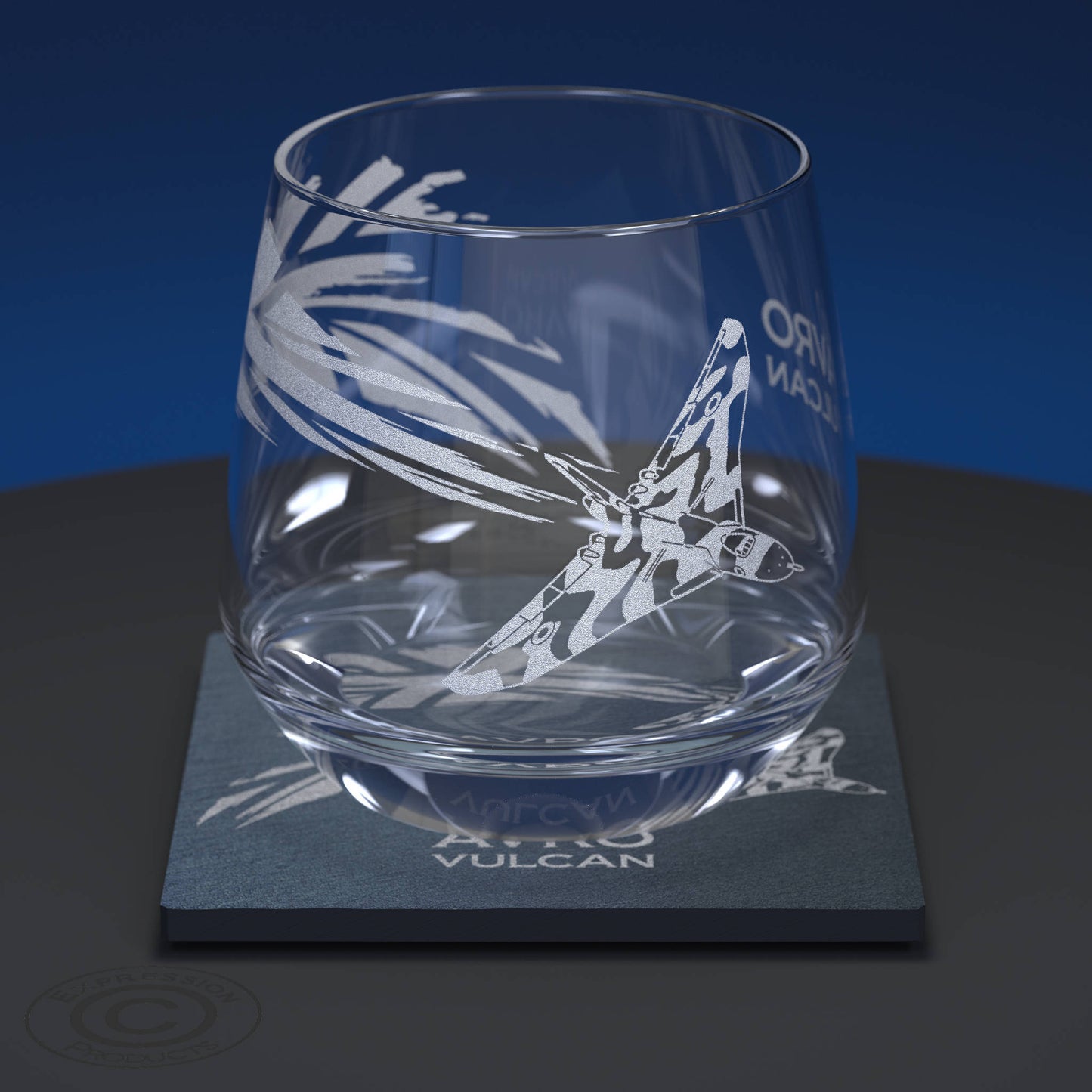 Avro Vulcan Bomber with Union Jack Flag Flying From It Engraved On A Glass Tumbler and the same Engraved Onto A Slate Coaster